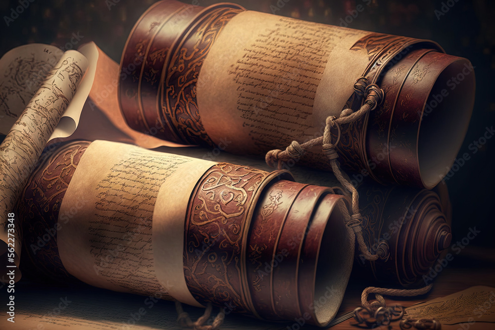 Torah scrolls open in the background and old, battered, tattered Jewish texts bound in leather. Closeup. selective attention. Generative AI Torah scrolls open in the background and old, battered, tattered Jewish texts bound in leather. Closeup. selective attention. Generative AI