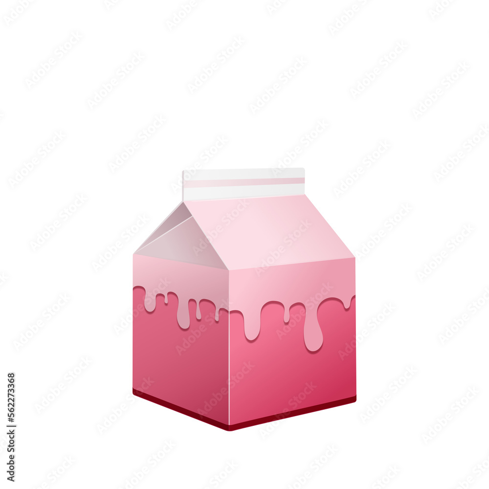 Karton na mleko truskawkowe. Kartonowe opakowanie w różowym kolorze. Wzór pudełka do wykorzystania w wizualizacji projektu. - obrazy, fototapety, plakaty 