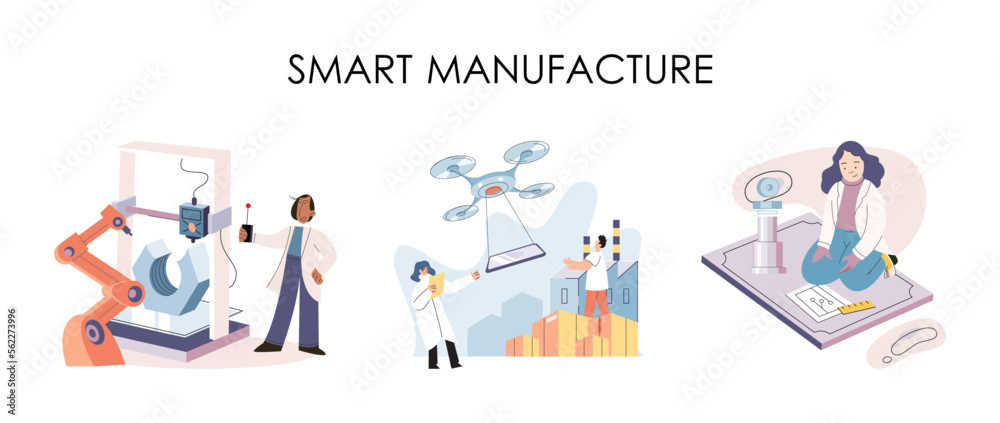 Smart manufacture, automation development metaphor. Innovative smart industry product design, manufacturing process, automated production line, delivery and distribution robots machinery industry 4.0