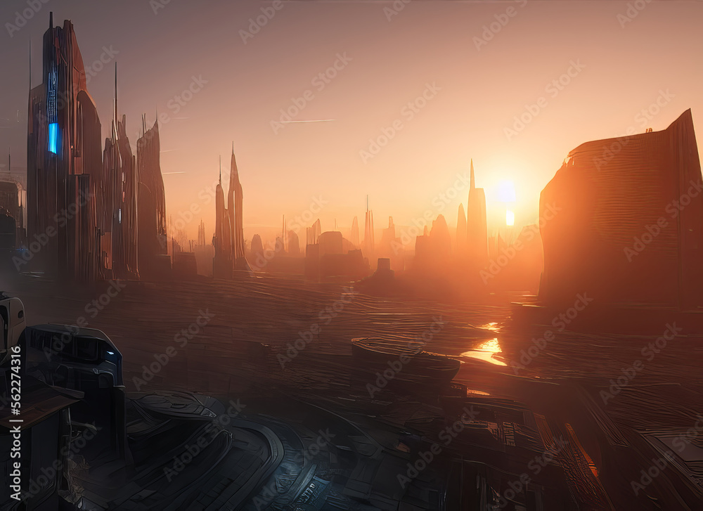 Cyberpunk City landscape with a sunset, Ai Generated Cyberpunk Wallpaper/ Background, Stock Illustration