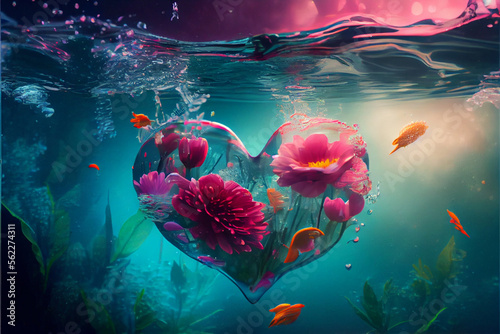 flowers in a heart shaped bubble inside the water