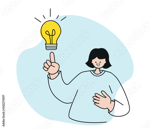 Woman pointing at light lamp bulb. Good idea concept vector. 