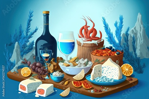 Blue colored appetizers, mash haydari, cheese, and a raki table with shrimp, mussels, anchovies, and sea bream. Generative AI photo