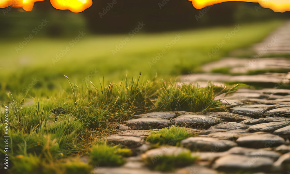 Extreme Close Up of a Stone Path with Grass and Weeds Poking Through - Generative AI illustration Extreme Close Up of a Stone Path with Grass and Weeds Poking Through - Generative AI illustration