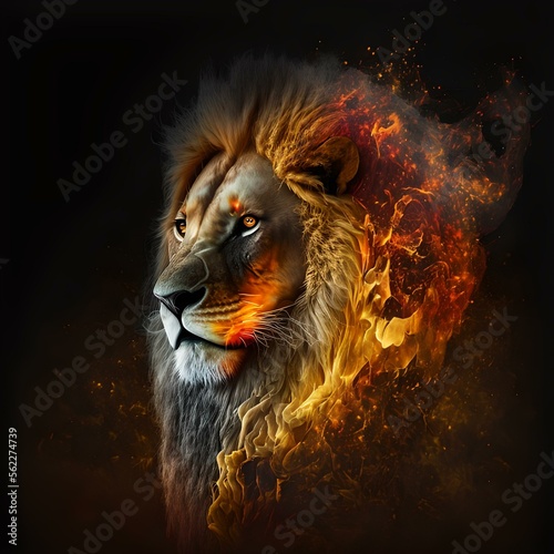 "Very lion with burning golden flames, beautiful wild animal on black background photo." Generative ai.