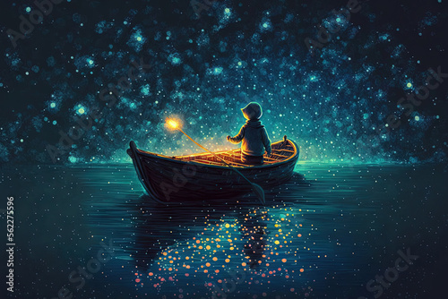 Boy paddling a boat in the starry night's sea under a mysterious light. Digital painting and conceptual art. Illustration of a fantasy. Generative AI