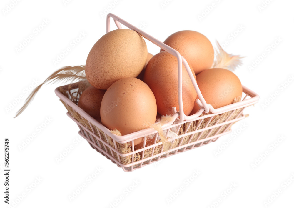 Raw chicken eggs in a basket on a white background Raw chicken eggs in a basket on a white background