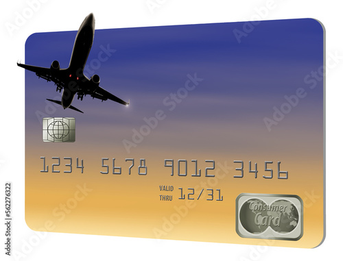 Here is an air miles reward credit card isolated on a white background. It is also known as a frequent flier credit card. This is a 3-d illustration. photo