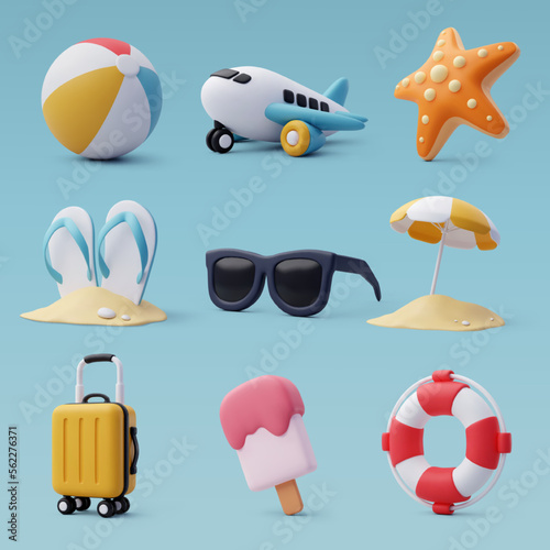 3d vector set of beach and sea, Summer Journey, Time to Travel Concept.