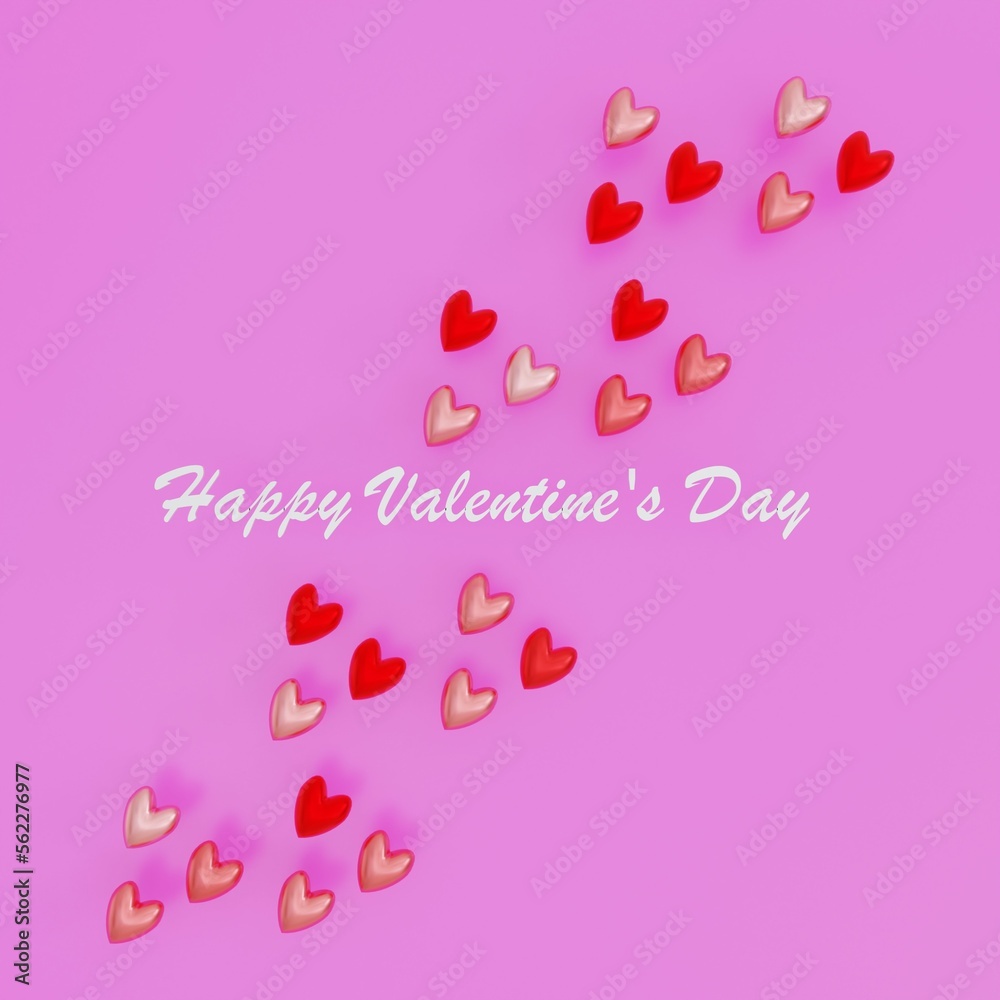 Valentine's Day messege with red and pink hearts scattered on pink background 3d illustration