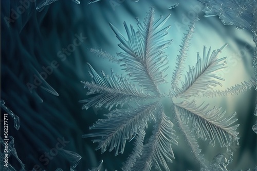 Frozen glass pane  winter  cold  ice covered crystals created with generative ai technology