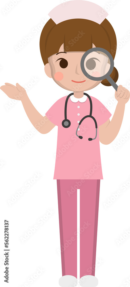Female medical worker with magnifying glass, medical staff, emoji cartoon Female medical worker with magnifying glass, medical staff, emoji cartoon