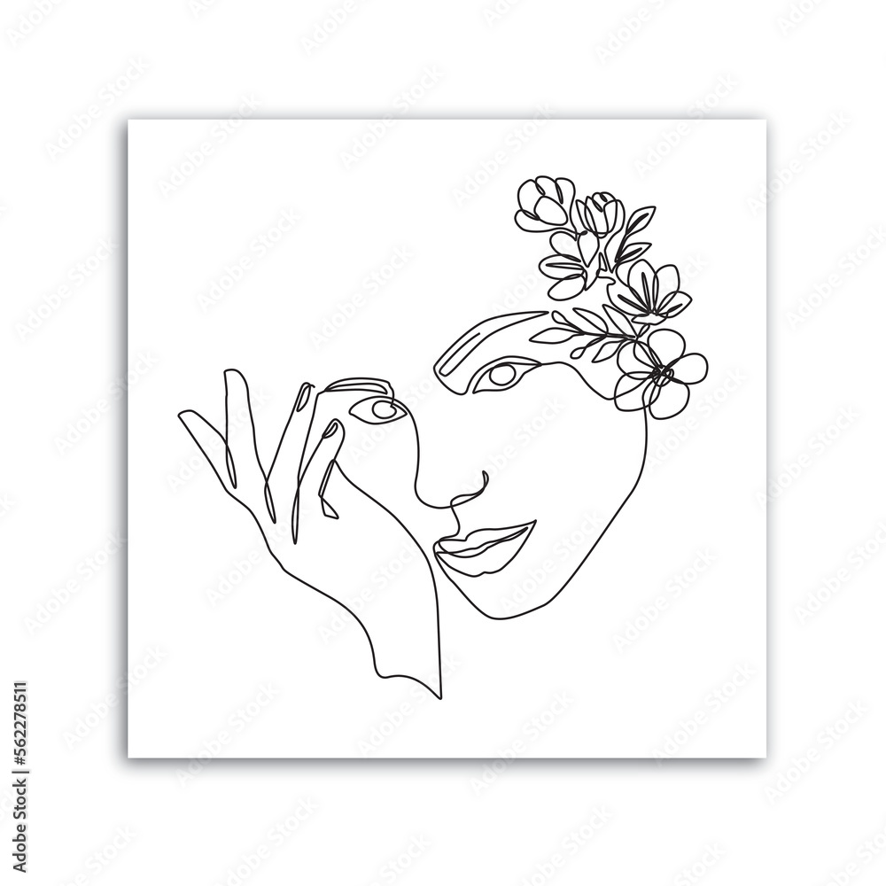 Continuous line drawing of Beautiful Woman's face with flowers. Nature cosmetics. The Concept of