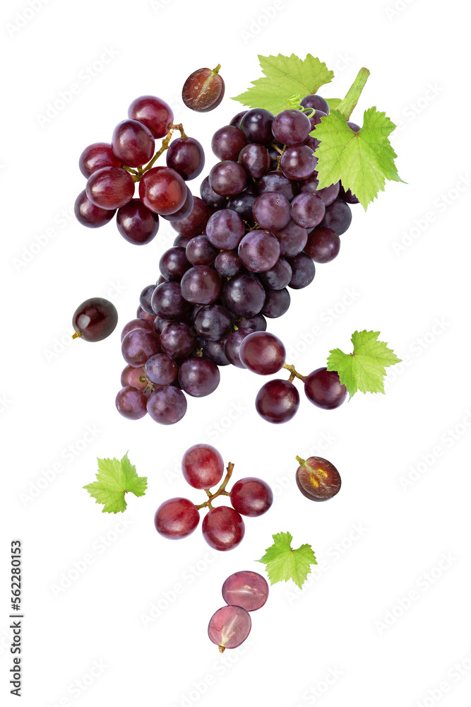 Fototapeta premium Red grapes with leaves flying in the air isolated on white background.