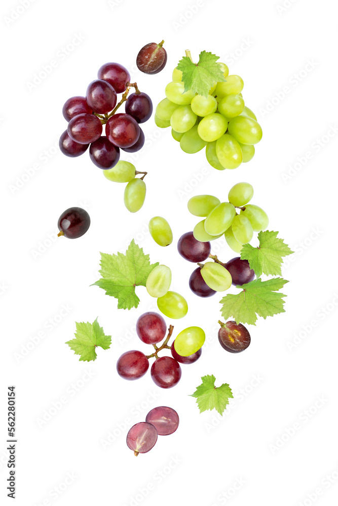 Obraz premium Green grape and red grapes flying in the air isolated on white background.