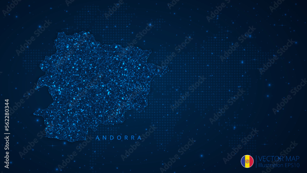 Map of Andorra modern design with polygonal shapes on dark blue background. Business wireframe mesh spheres from flying debris. Blue structure style vector illustration concept Map of Andorra modern design with polygonal shapes on dark blue background. Business wireframe mesh spheres from flying debris. Blue structure style vector illustration concept