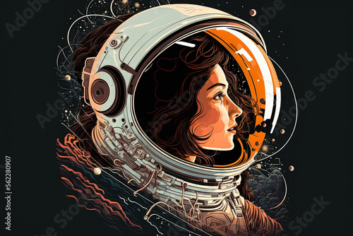 gorgeous female astronaut in orbit with her head turned toward the earth while donning a helmet. exploration and space travel idea. Generative AI