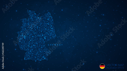 Map of Germany modern design with polygonal shapes on dark blue background. Business wireframe mesh spheres from flying debris. Blue structure style vector illustration concept