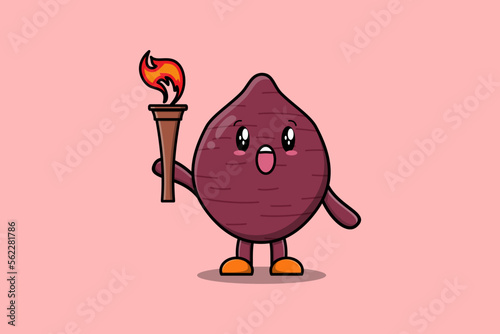 Illustration of cute Sweet potato cartoon character holding fire torch in flat modern design