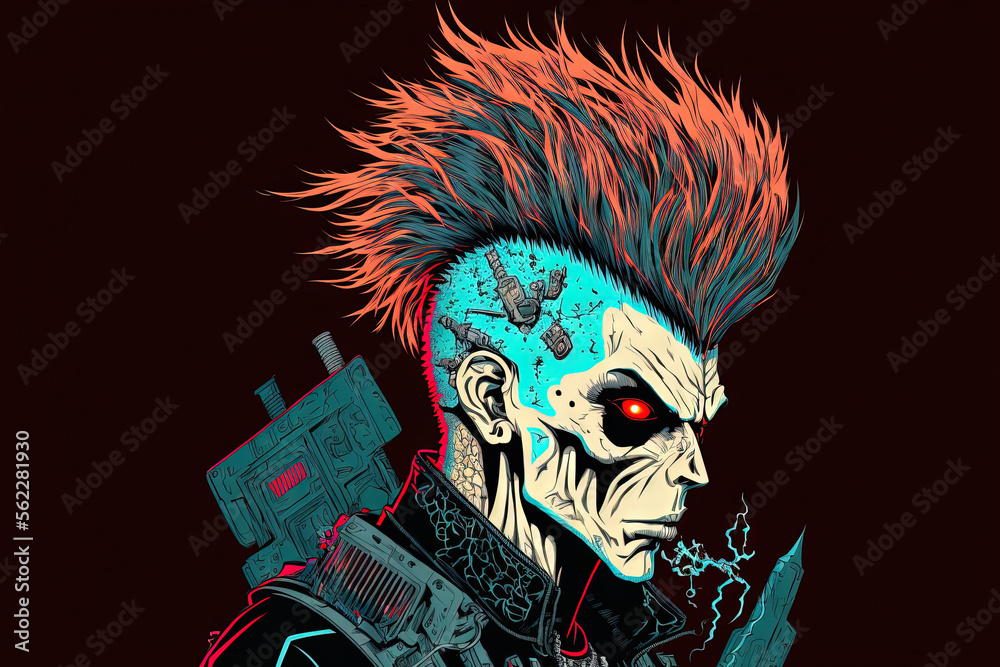 Illustration of a science fiction skull faced cyborg with mohawk hair as a cyberpunk robot criminal hacker. Generative AI Illustration of a science fiction skull faced cyborg with mohawk hair as a cyberpunk robot criminal hacker. Generative AI