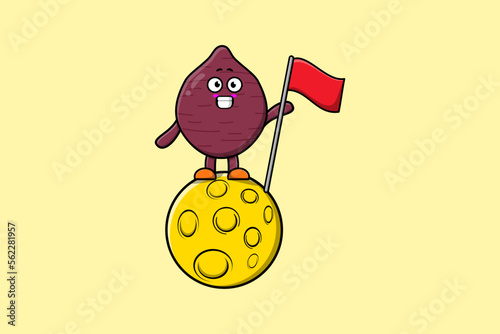 Cute cartoon Sweet potato character standing on the moon with flag in 3d modern design illustration