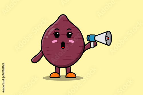 Cute Cartoon Sweet potato character speak with megaphone in 3d cartoon style concept