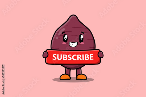 Cute cartoon Sweet potato character holding red subscribe board