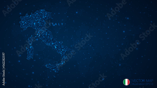 Map of Italy modern design with polygonal shapes on dark blue background. Business wireframe mesh spheres from flying debris. Blue structure style vector illustration concept