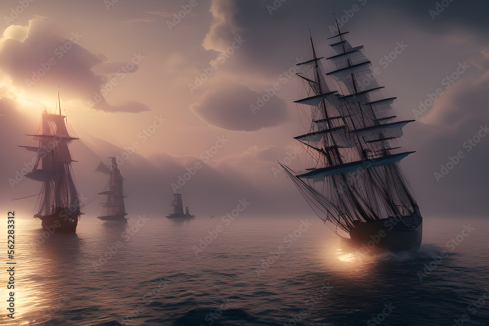 ultra realistic sailing ship, beautiful light, pale sunrise, cinematic lighting, viking and pirates generative ai