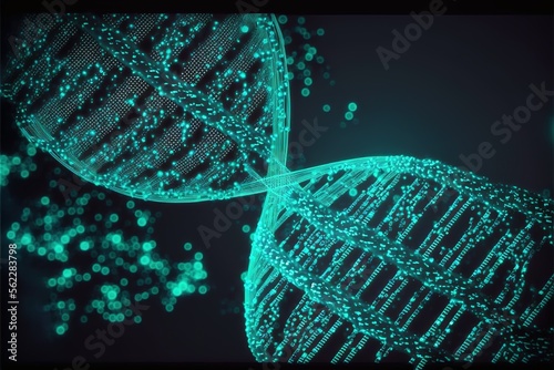 3D digital illustration of human dna under microscope on futuristic helix background created with generative ai