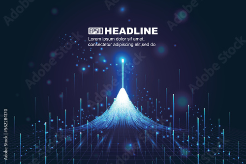 Luminous lines rising from the horizon with the background of particle Internet technology