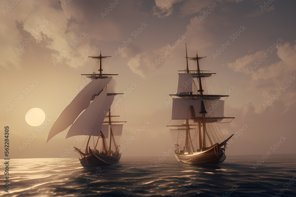 ultra realistic sailing ship, beautiful light, pale sunrise, cinematic lighting, viking and pirates generative ai