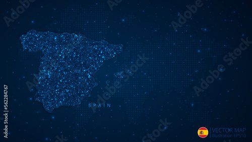 Map of Spain modern design with polygonal shapes on dark blue background. Business wireframe mesh spheres from flying debris. Blue structure style vector illustration concept