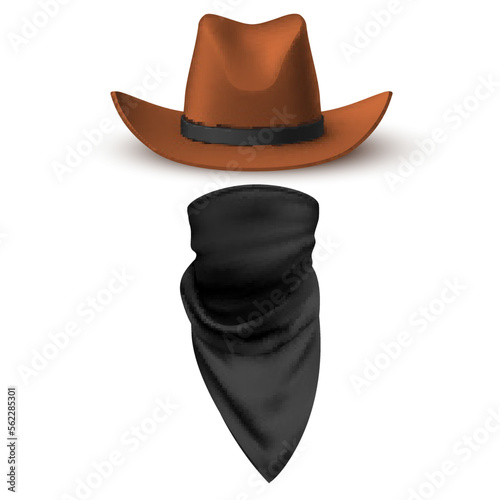 Robber mask cowboy hat with neckerchief bandanna for face covering realistic vector illustration