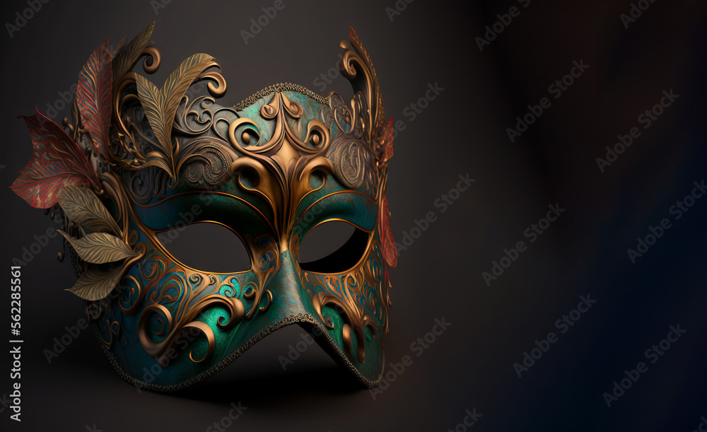 Cosplay, Venetian mask. Metal bronze and green masquerade party mask on a dark background. Mardi Gras Mask. AI generative