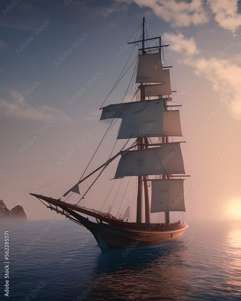 ultra realistic sailing ship, beautiful light, pale sunrise, cinematic lighting