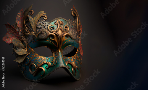 Cosplay, Venetian mask. Metal bronze and green masquerade party mask on a dark background. Mardi Gras Mask. AI generative