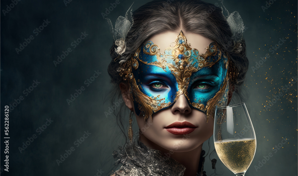 Sexy model woman with glass of champagne wearing venetian masquerade mask.  Cosplay, Venetian mask. Mardi Gras Mask, AI generative Stock Illustration |  Adobe Stock