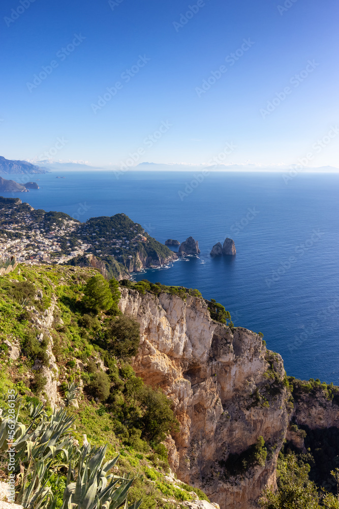 Touristic Town on Capri Island in Bay of Naples, Italy. Sunny Blue Sky.