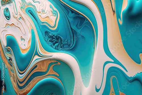 photography of a background with an abstract marbling effect. Colorful hues include turquoise, gold, blue, and white. gorgeous paint banner. Generative AI photo