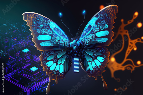 Biosensor Technology Concepts for Blockchain, Web3, and New Metaverse Experiences Biosensor Technology Interaction with the Computer Graphic Surrealism Butterfly. Generative AI photo