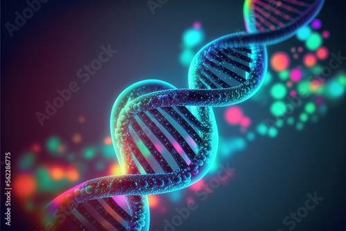 3D digital illustration of human dna under microscope on futuristic helix background created with generative ai