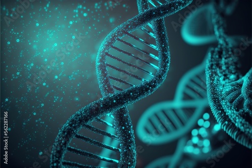 3D digital illustration of human dna under microscope on futuristic helix background created with generative ai
