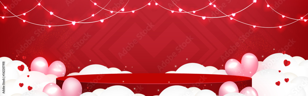 Empty red podium for product display with lights decorative, clouds, and pink hearts balloons on Red background. Valentine's day background. Romantic love. Product stage shows. Vector illustration.