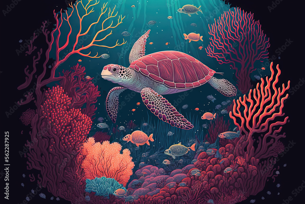 Fototapeta premium a large sea turtle diving in the red ocean swims over a fish filled coral reef. Generative AI