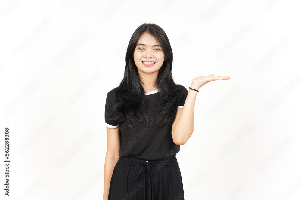 Showing and Presenting Product on Open Palm Of Beautiful Asian Woman Isolated On White Background Showing and Presenting Product on Open Palm Of Beautiful Asian Woman Isolated On White Background