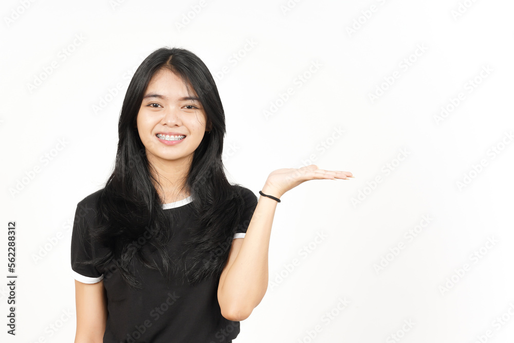 Showing and Presenting Product on Open Palm Of Beautiful Asian Woman Isolated On White Background Showing and Presenting Product on Open Palm Of Beautiful Asian Woman Isolated On White Background