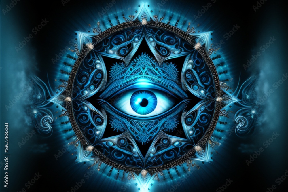 Realistic blue all-seeing magic eye mandala on a background of fractals
