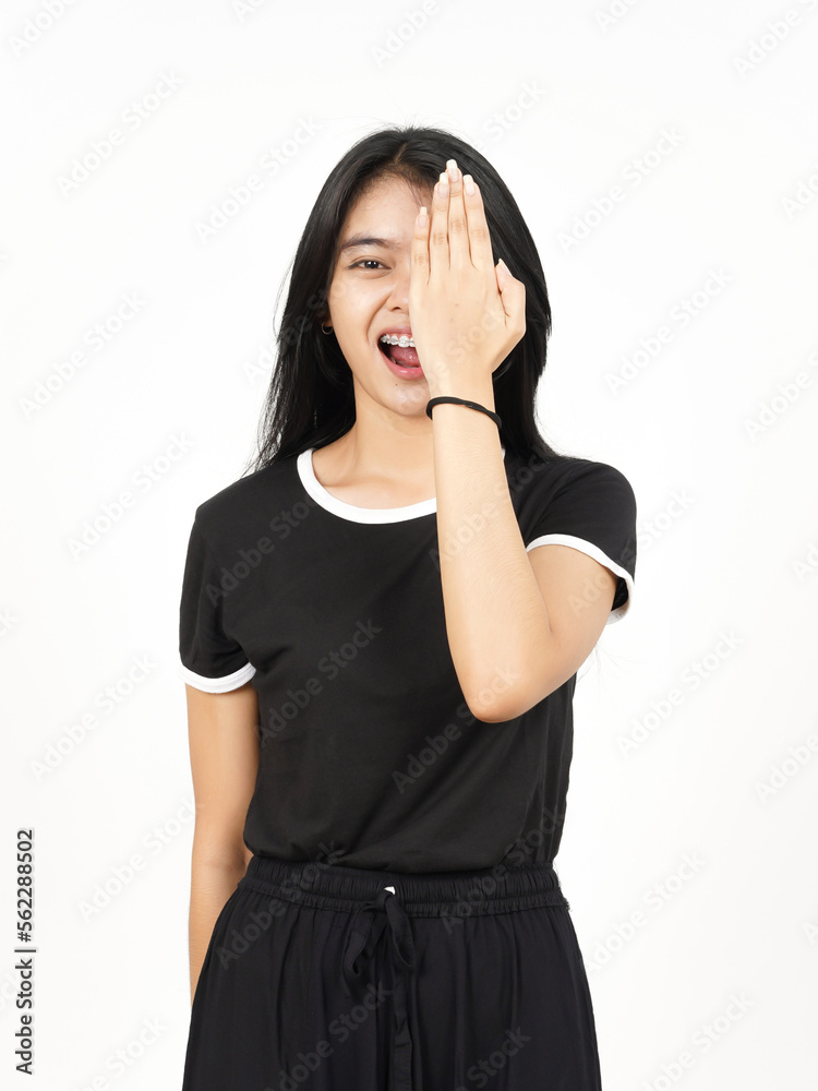 Smiling and Covering Half Face Of Beautiful Asian Woman Isolated On White Background Smiling and Covering Half Face Of Beautiful Asian Woman Isolated On White Background
