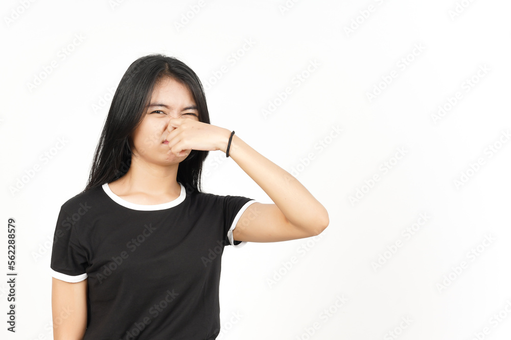 Smelling something stinky and disgusting of Beautiful Asian Woman Isolated On White Background Smelling something stinky and disgusting of Beautiful Asian Woman Isolated On White Background